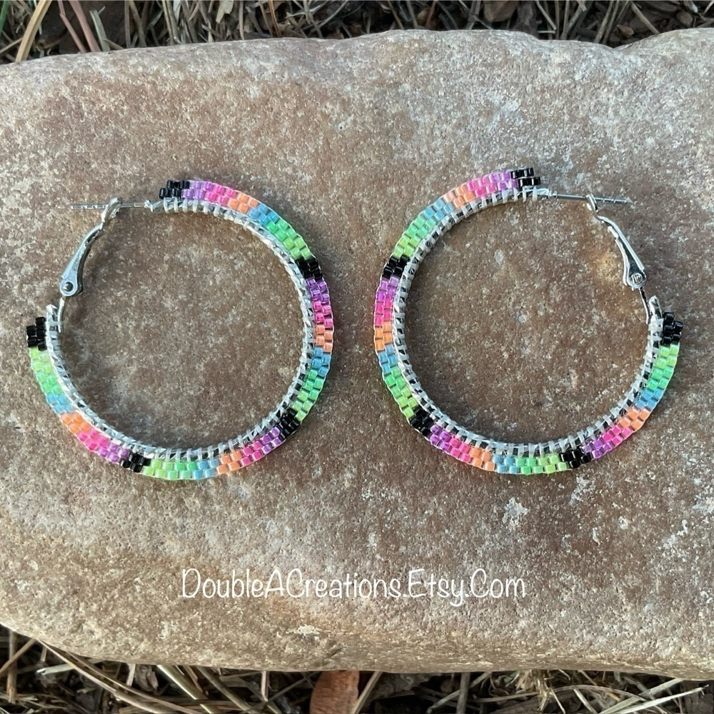 Rainbow 1 1/2” Beaded Hoops, New, Handmade by Me